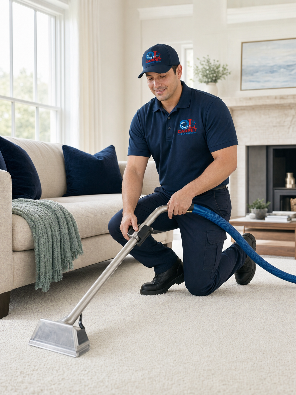 Technician in a navy uniform cleaning a cream carpet in a sunlit Philadelphia living room — carpet cleaning Philadelphia PA