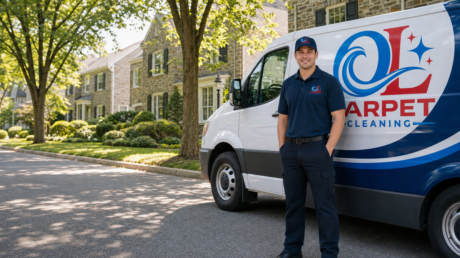 OL Carpet Cleaning team member beside the branded service van on a leafy Main Line street