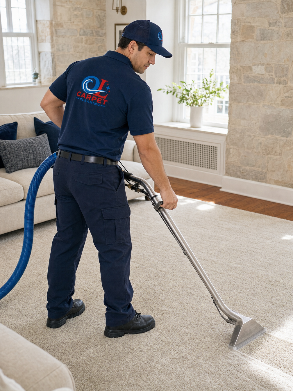 Technician in a navy uniform cleaning a cream carpet in a sunlit stone-walled Merion Station living room — carpet cleaning Merion Station