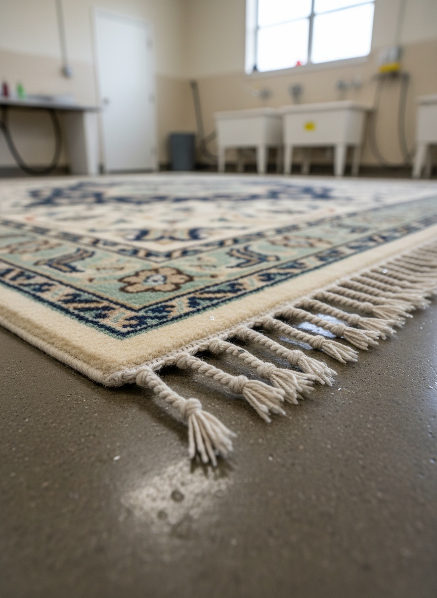 Patterned wool area rug laid flat in a wash bay, fringe detail in soft daylight
