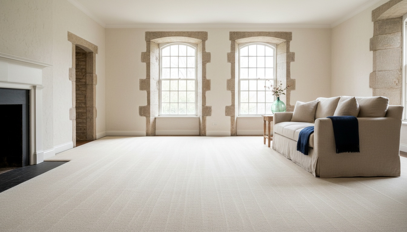 Bright living room with freshly cleaned cream carpet and deep-set windows in an older stone home