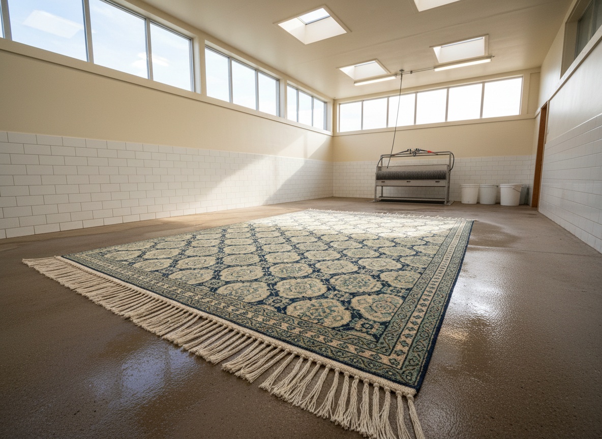 Wool area rug laid flat in a wash bay, fringe combed straight — rug cleaning Philadelphia