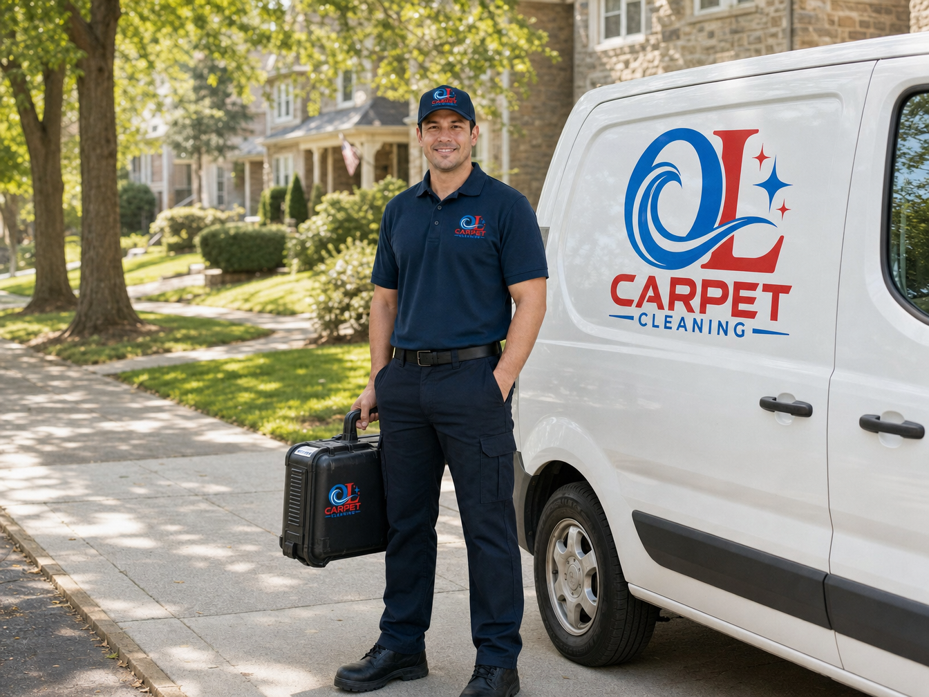 OL Carpet Cleaning technician beside the branded company van on a leafy Philadelphia street