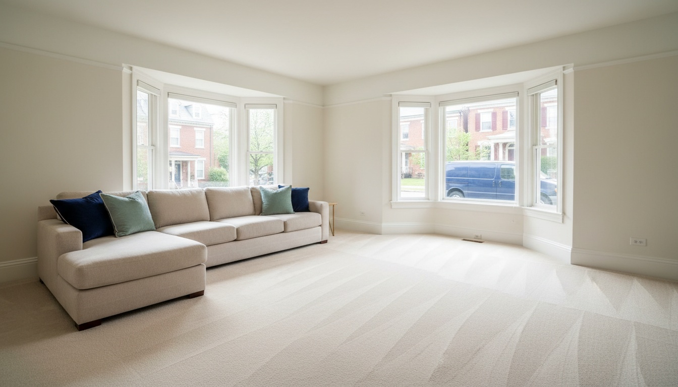 Bright, freshly cleaned living room with a cream carpet in warm morning light