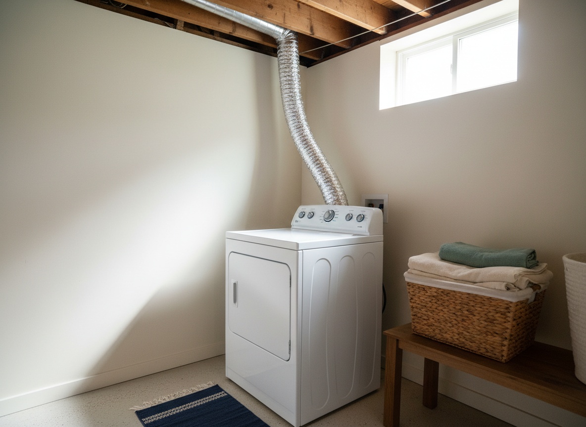 Dryer pulled away from the wall showing a long foil vent duct running up into a basement ceiling