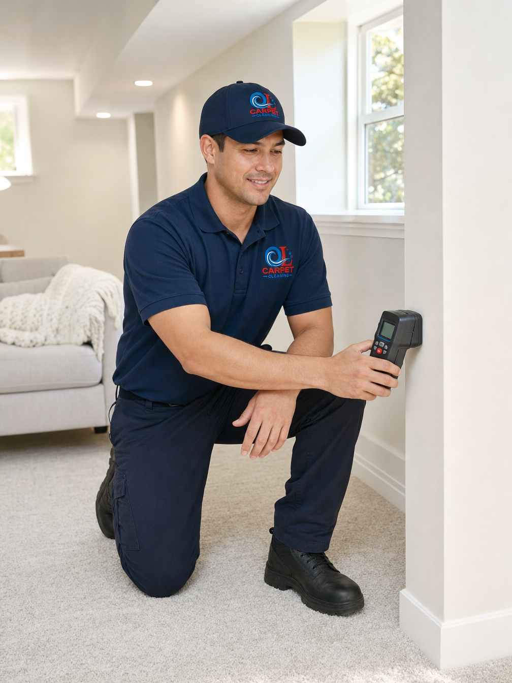 OL Carpet Cleaning technician in a navy uniform checking a basement wall corner with a moisture meter in bright daylight