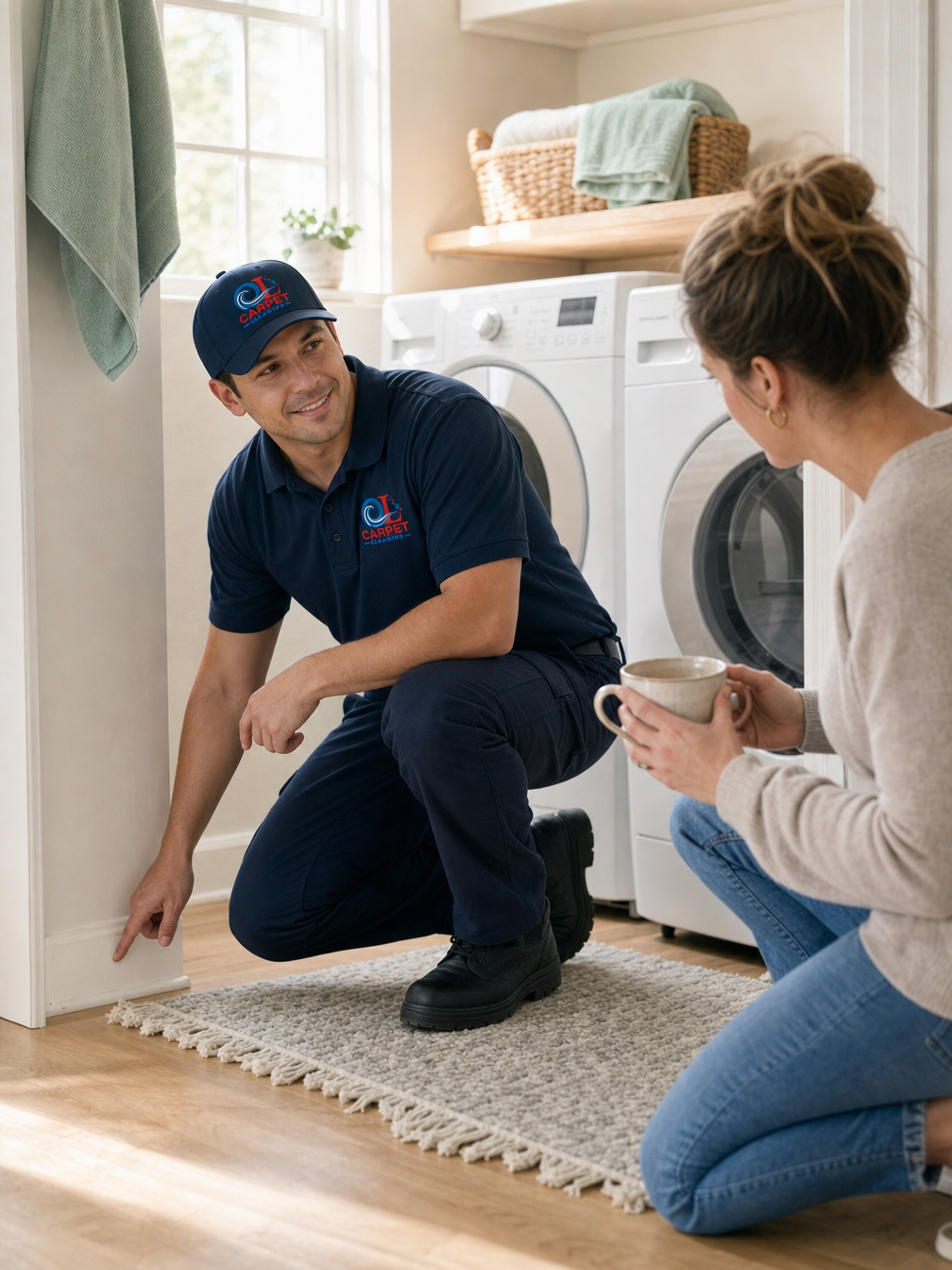 OL Carpet Cleaning technician kneeling beside a laundry room wall, explaining the affected area to a homeowner