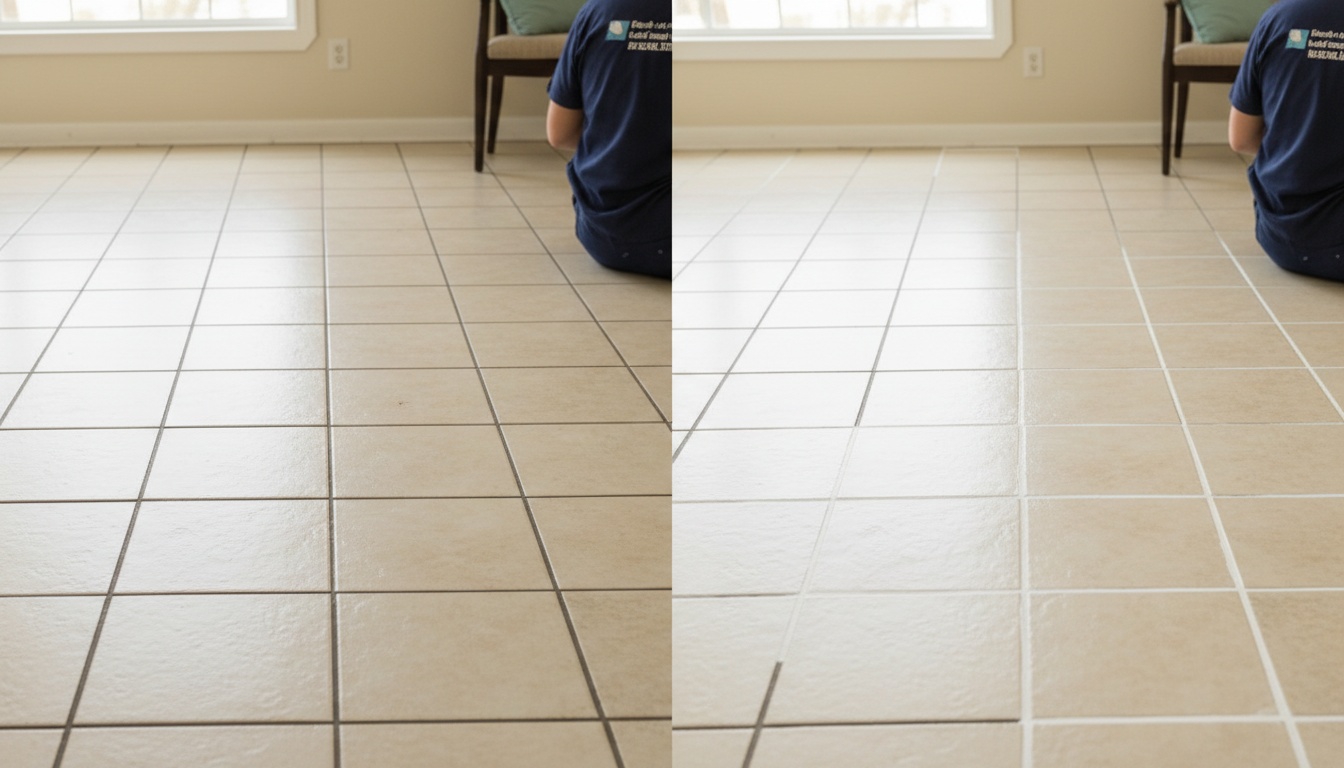 Side-by-side view of the same tile floor, dark grout on the left and bright cleaned grout on the right