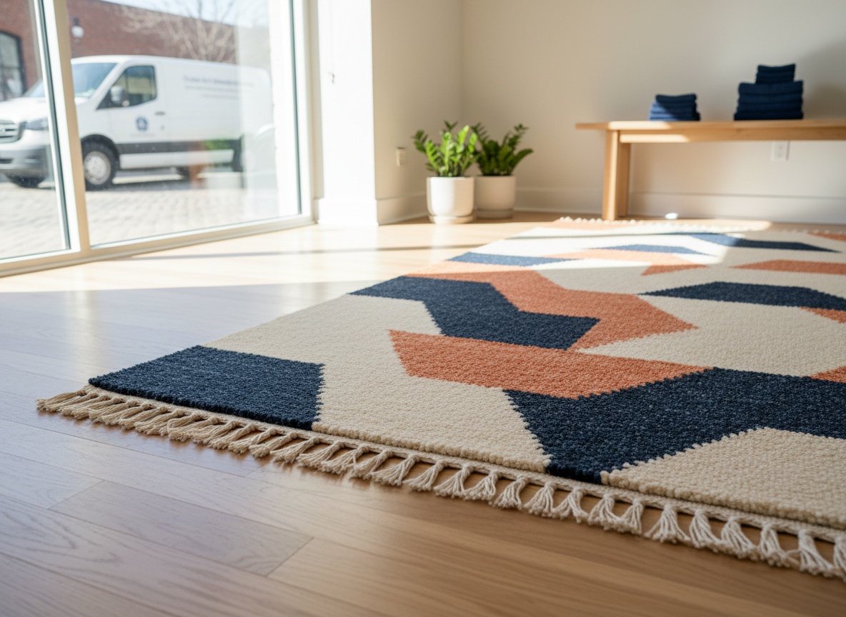 Area rug laid flat for rug cleaning, with a close look at its fringe