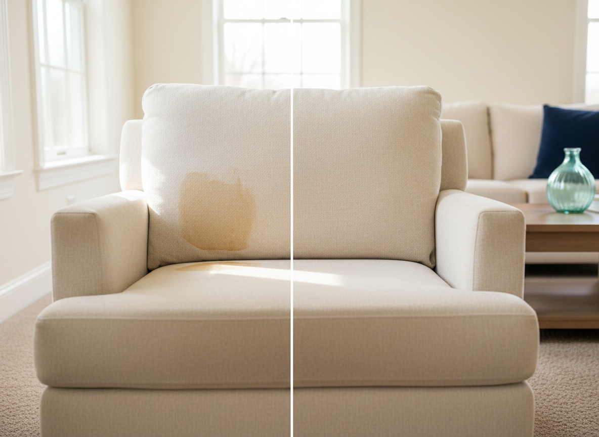 Before and after of the same sofa cushion, stained on one side and clean on the other
