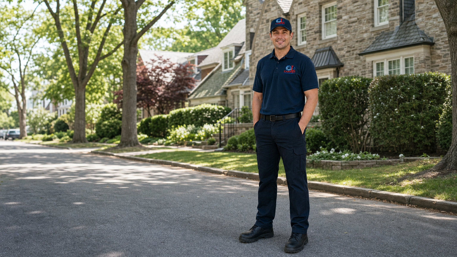 Team member beside the branded van on a tree-lined street